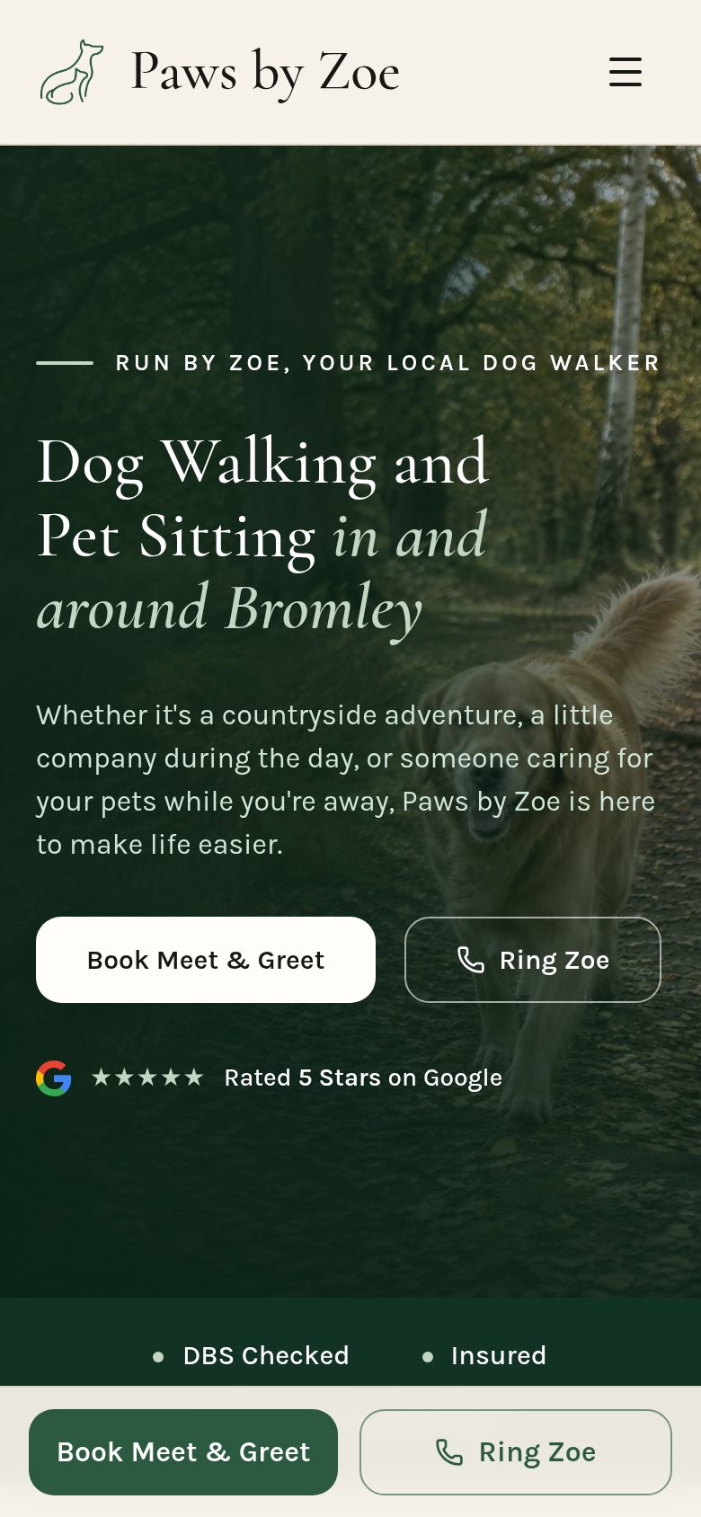 Paws by Zoe website on a phone